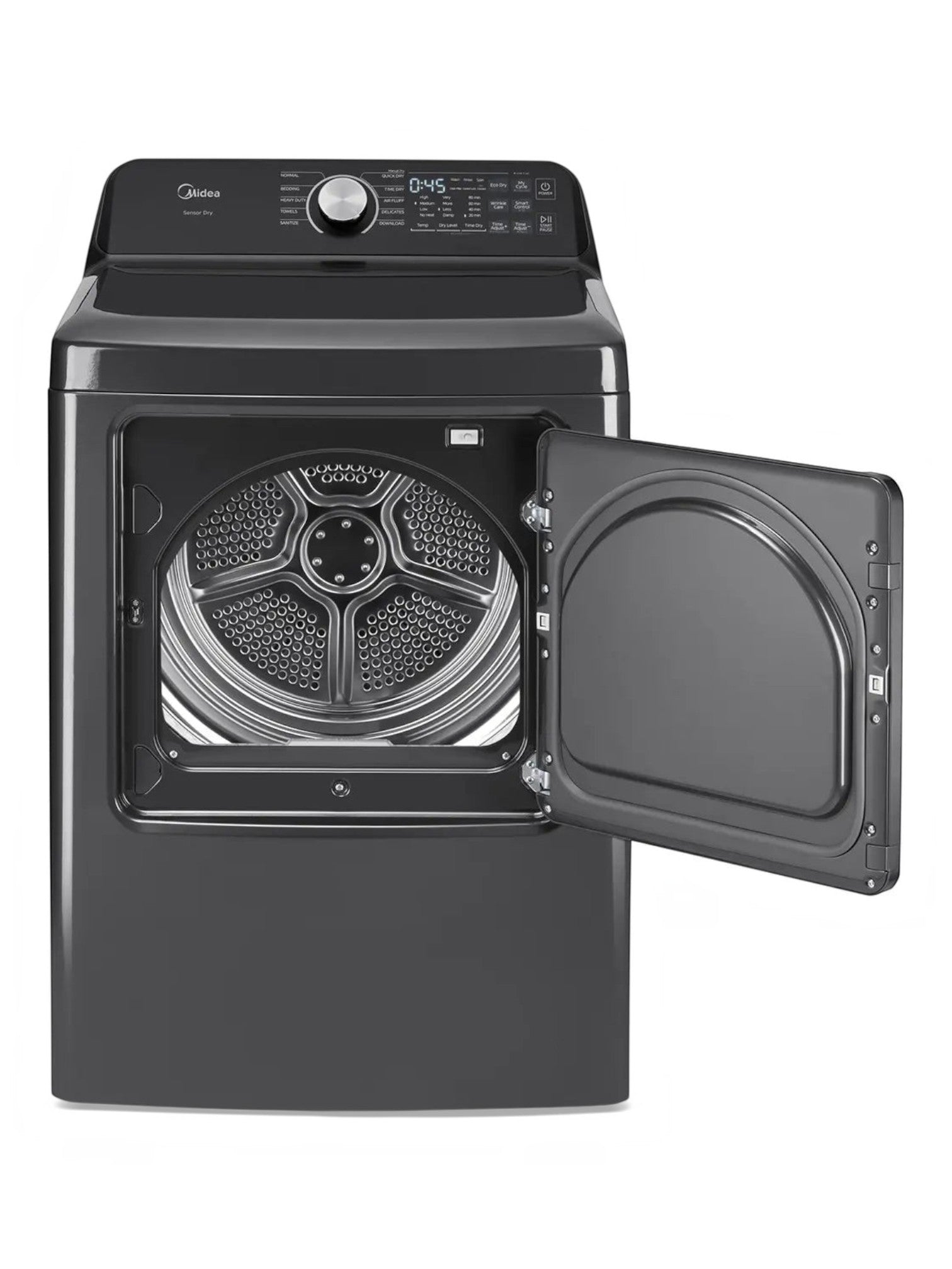 Sécheuse intelligente TOCO Meubles 7,0 pi³ gris foncé avec porte ouverte et panneau de commande numérique