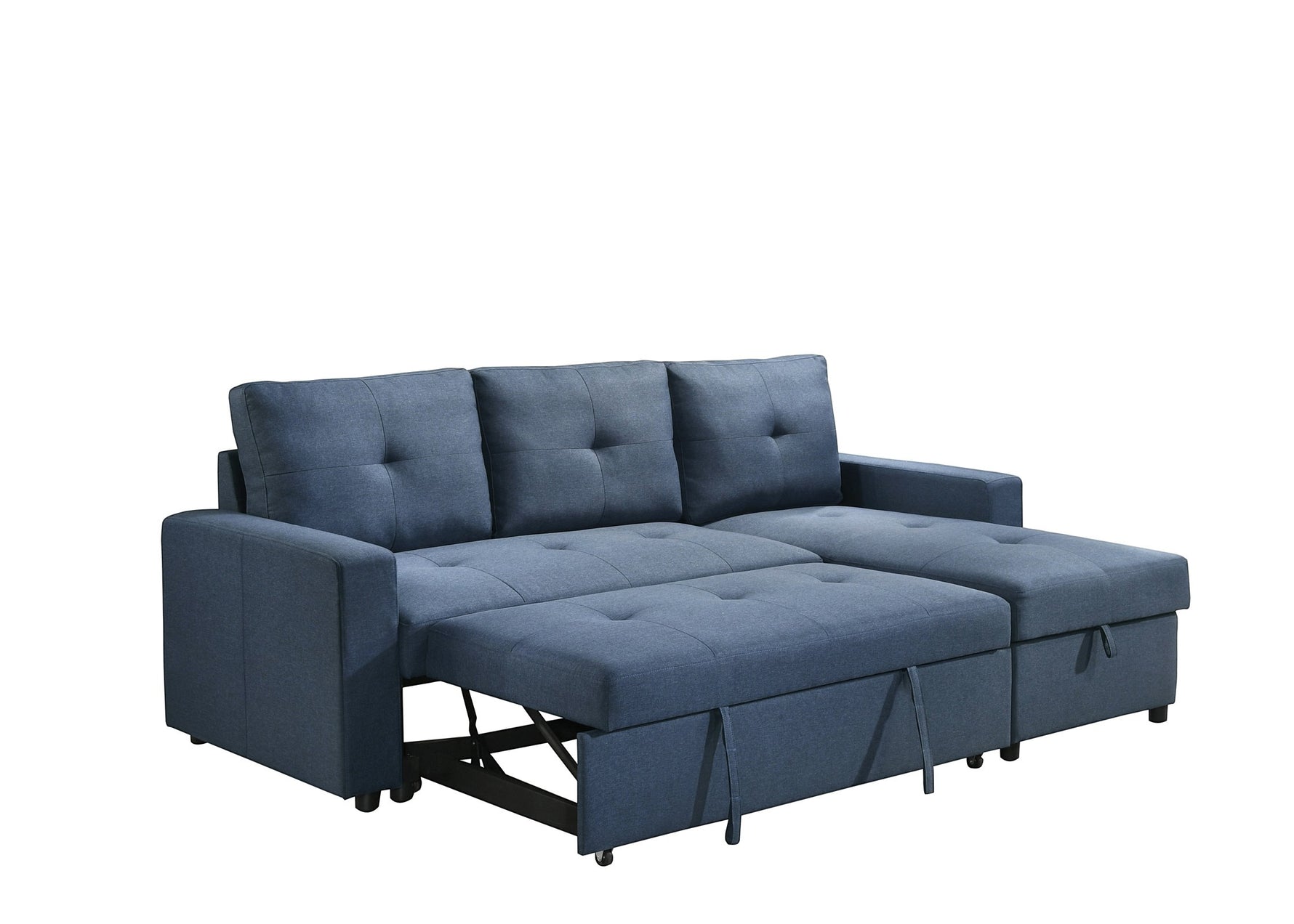 TOCO Meubles Sectionnel Fred bleu marine en tissu, avec accoudoirs carrés et boutons décoratifs sur les coussins.