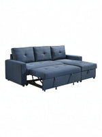 TOCO Meubles Sectionnel Fred bleu marine en tissu, avec accoudoirs carrés et boutons décoratifs sur les coussins.