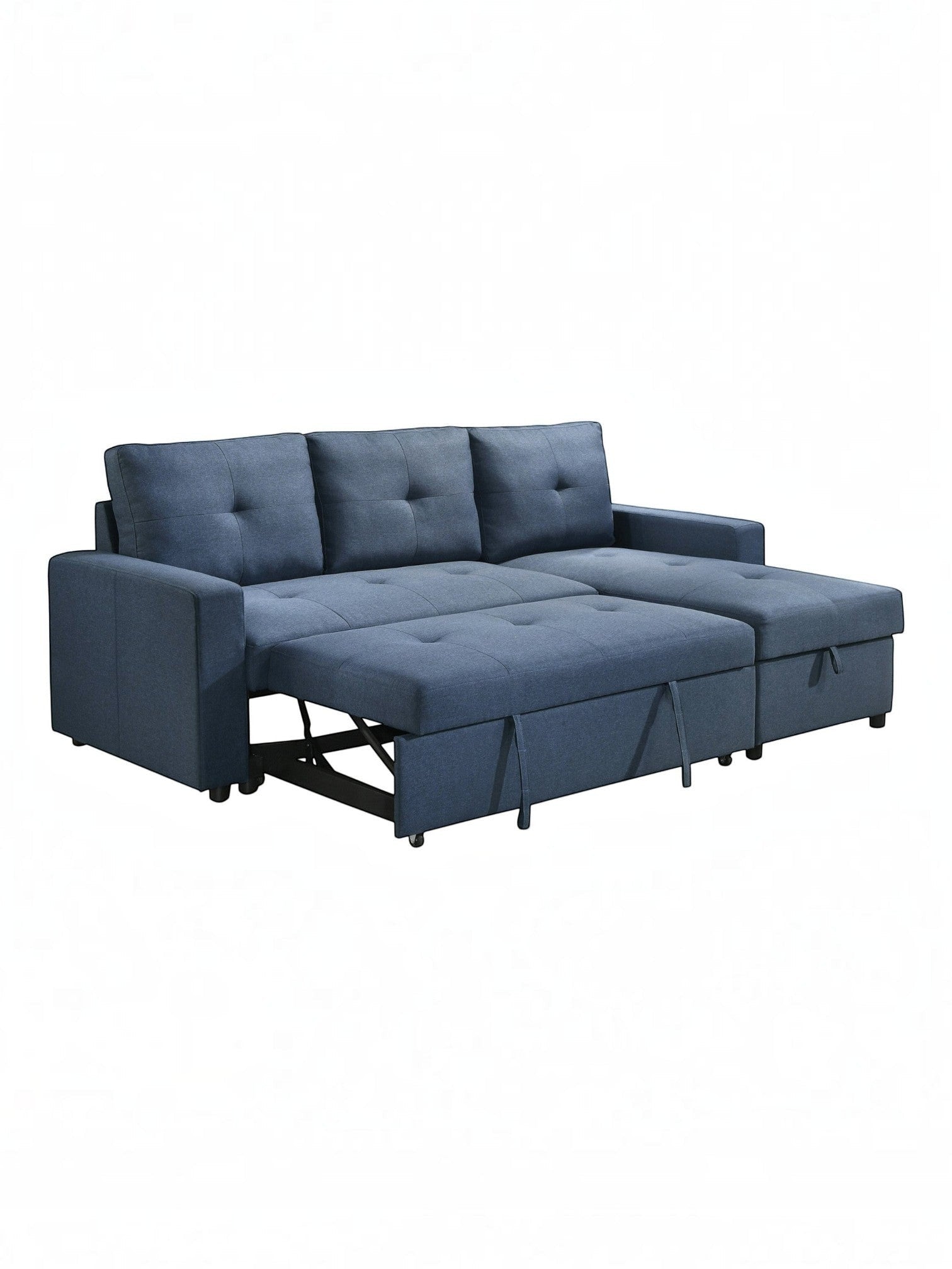 TOCO Meubles Sectionnel Fred bleu marine en tissu, avec accoudoirs carrés et boutons décoratifs sur les coussins.