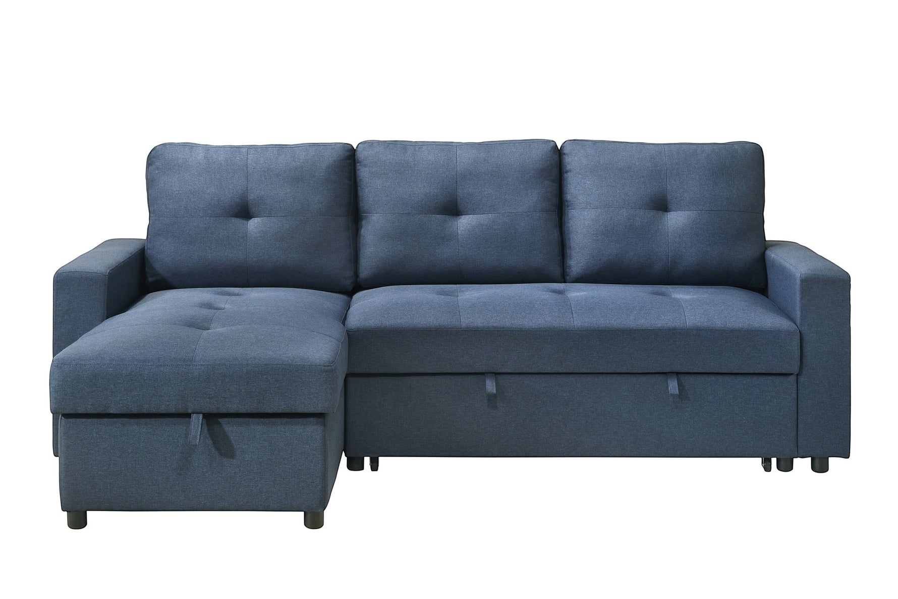 Sectionnel Fred bleu marine en tissu de TOCO Meubles avec méridienne et rangement intégré, coussins capitonnés.