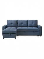 Sectionnel Fred bleu marine en tissu de TOCO Meubles avec méridienne et rangement intégré, coussins capitonnés.