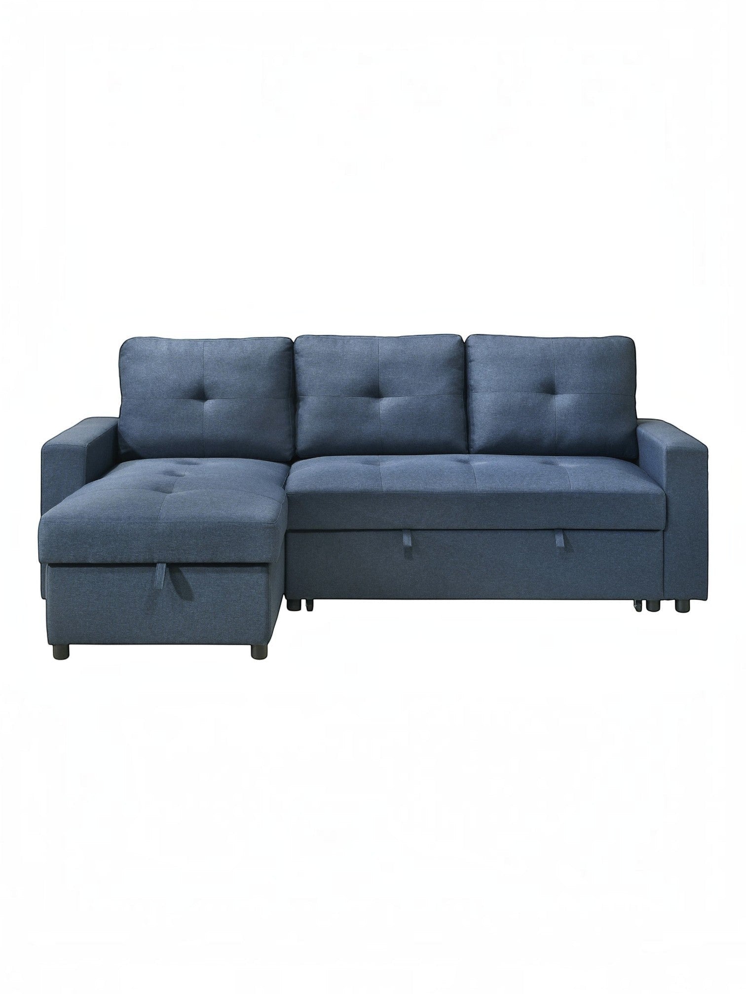 Sectionnel Fred bleu marine en tissu de TOCO Meubles avec méridienne et rangement intégré, coussins capitonnés.