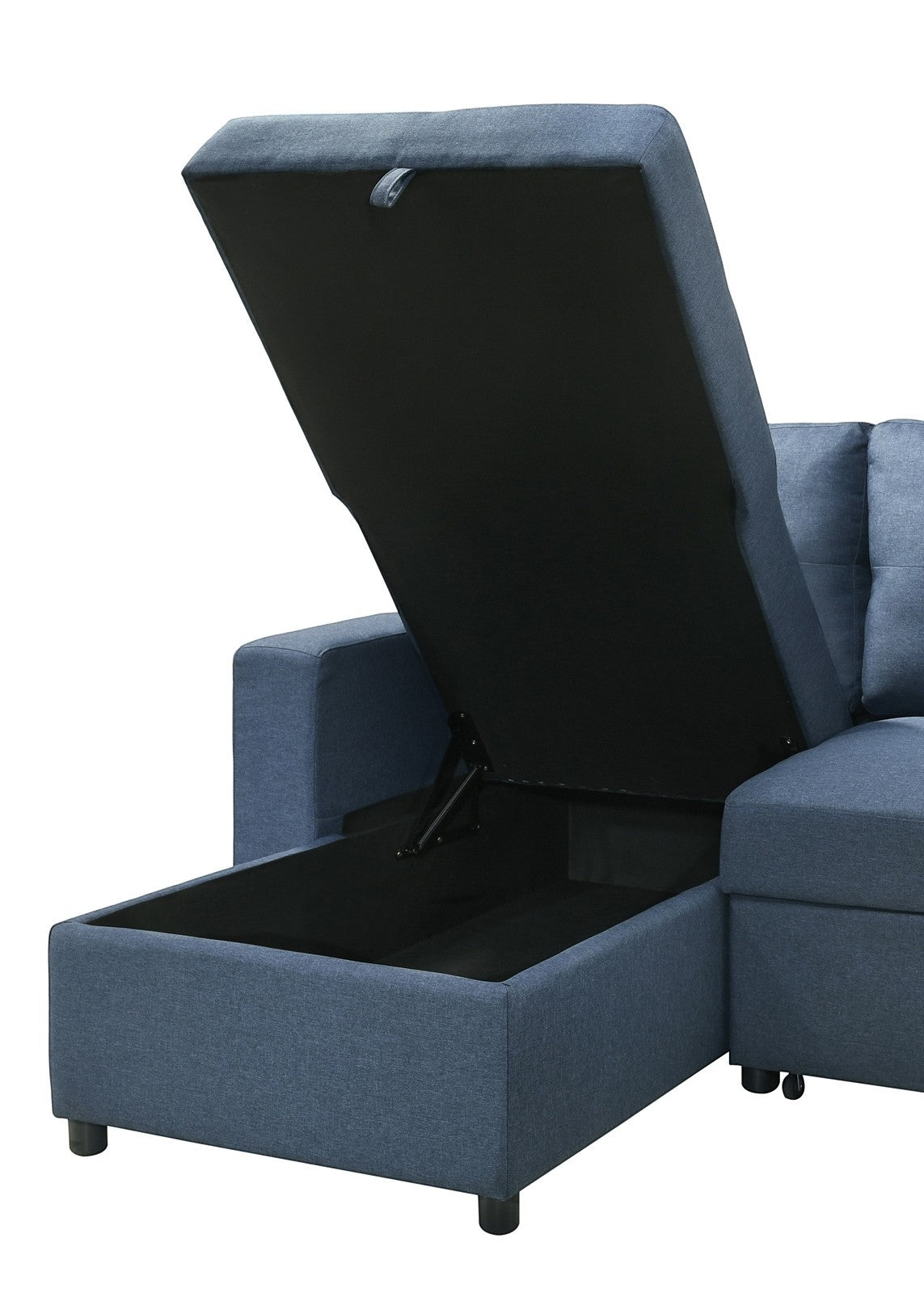 TOCO Meubles Sectionnel Fred bleu avec rangement intégré sous l'assise relevable, tissu texturé.