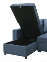 TOCO Meubles Sectionnel Fred bleu avec rangement intégré sous l'assise relevable, tissu texturé.