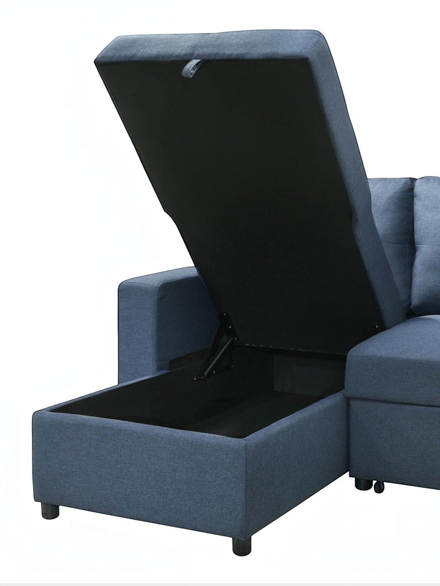 TOCO Meubles Sectionnel Fred bleu avec rangement intégré sous l'assise relevable, tissu texturé.
