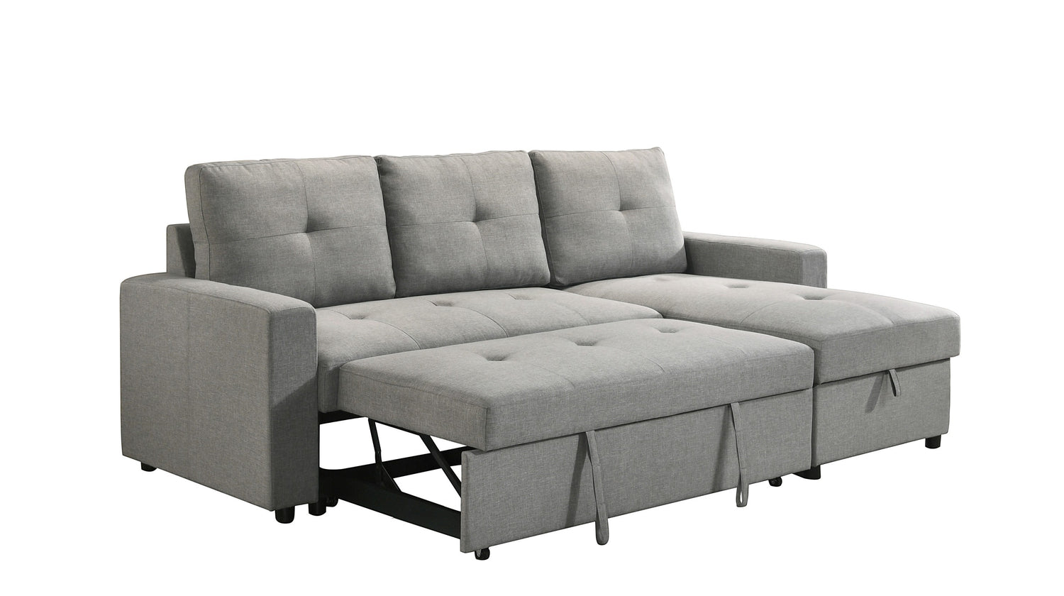 Sectionnel Fred gris de TOCO Meubles, convertible en lit, avec rangement intégré et coussins capitonnés.