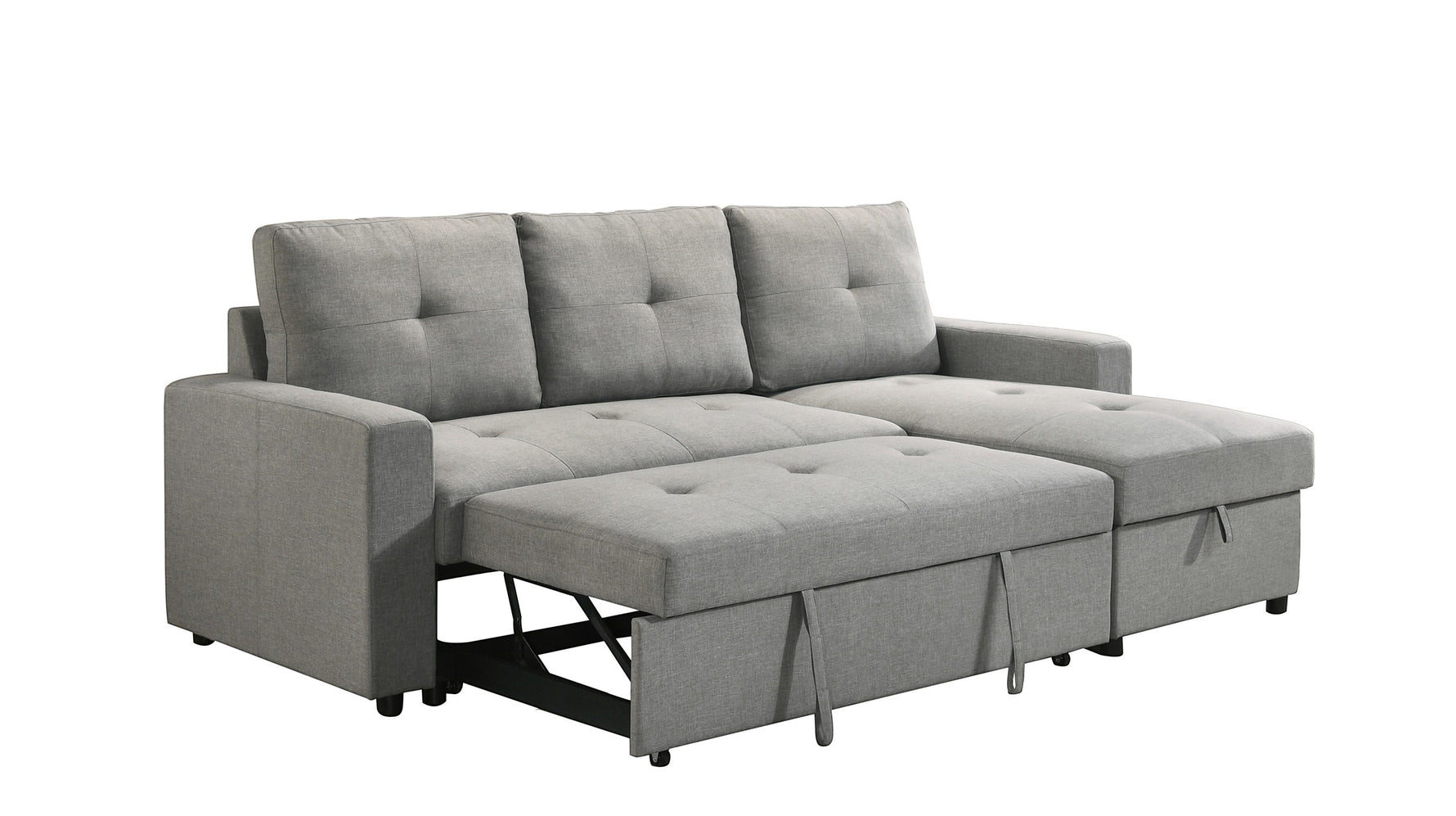 Sectionnel Fred gris de TOCO Meubles, convertible en lit, avec rangement intégré et coussins capitonnés.