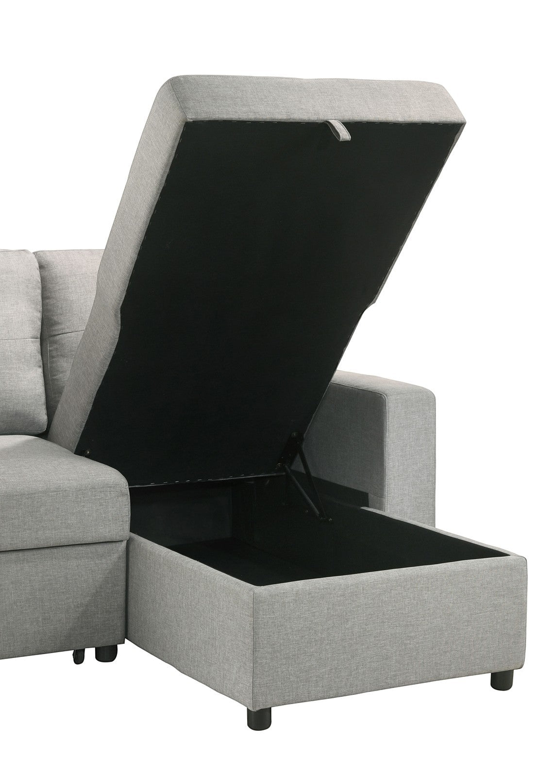 Sectionnel Fred gris de TOCO Meubles avec rangement intégré sous l'assise relevable. Tissu texturé.