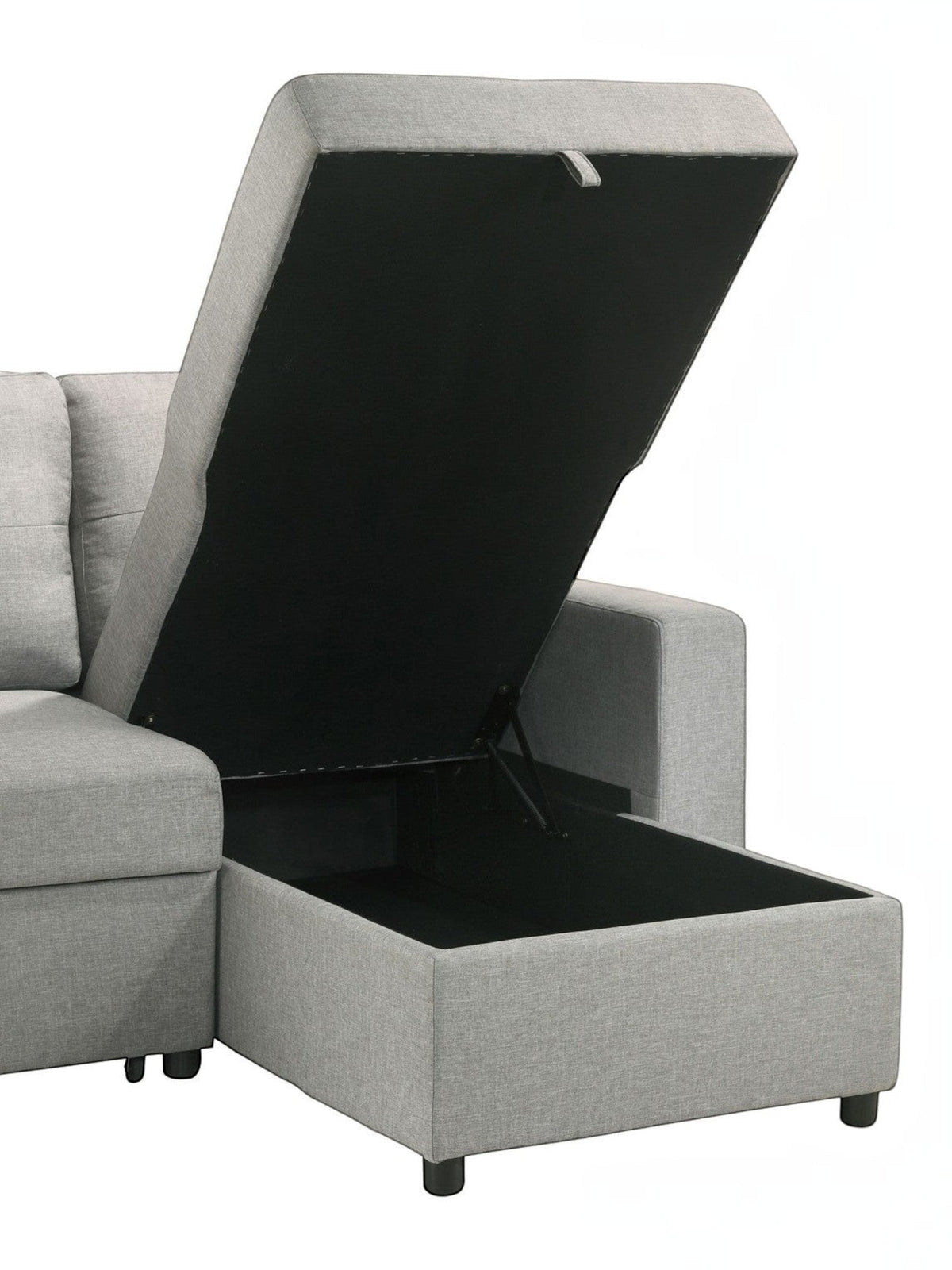 Sectionnel Fred gris de TOCO Meubles avec rangement intégré sous l'assise relevable. Tissu texturé.