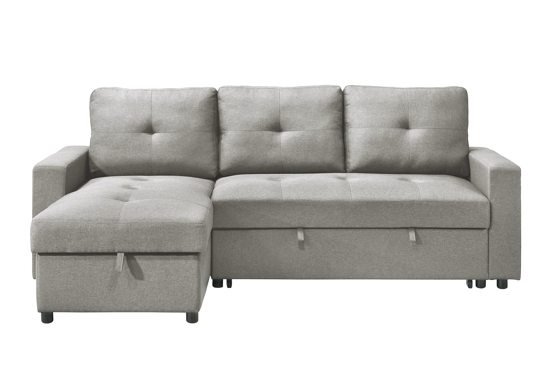 TOCO Meubles Sectionnel Fred gris en tissu, avec méridienne et rangement intégré, design capitonné moderne.