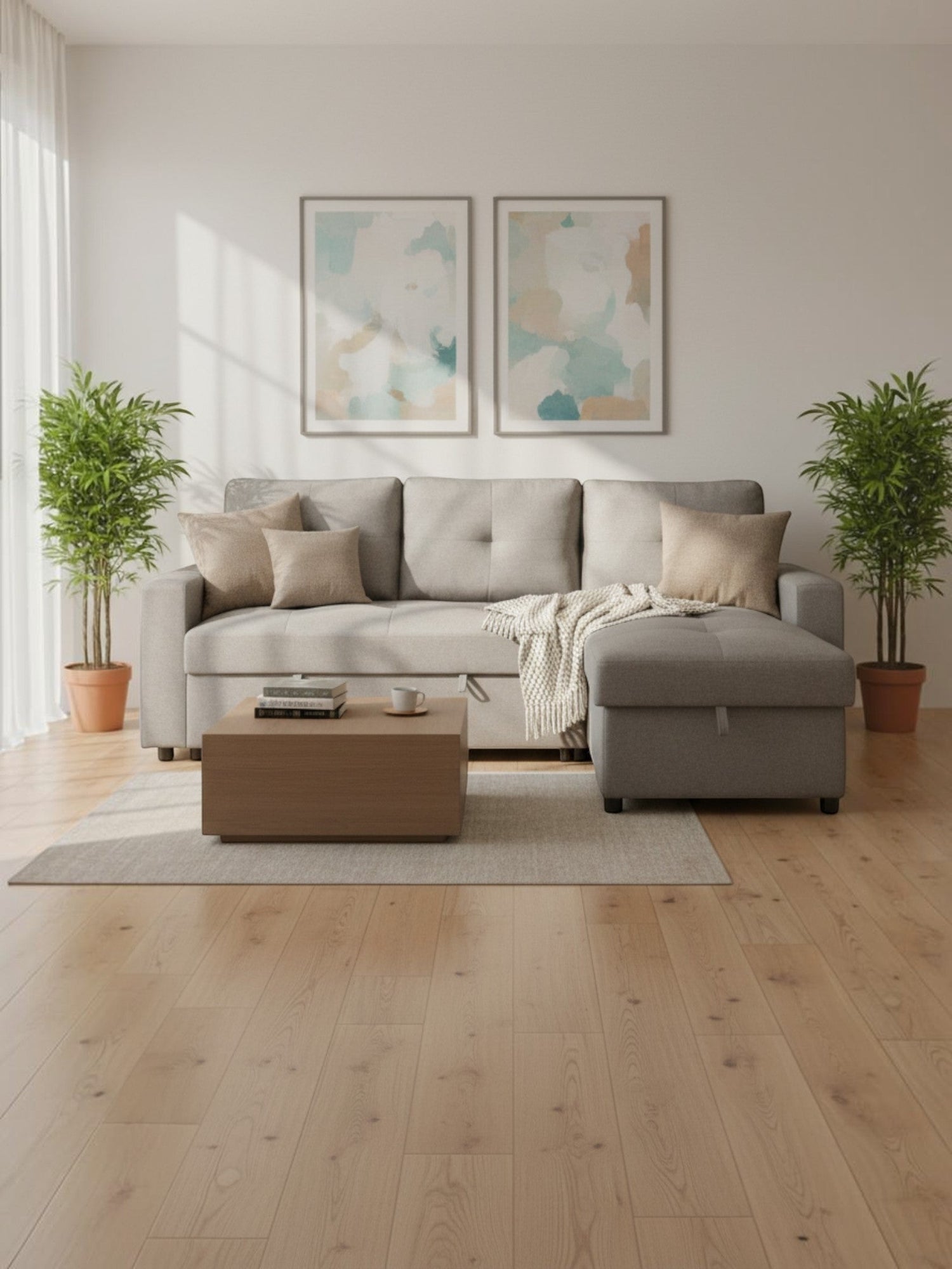 Sectionnel Fred gris de TOCO Meubles avec méridienne, coussins décoratifs et plaid dans un salon moderne et lumineux.