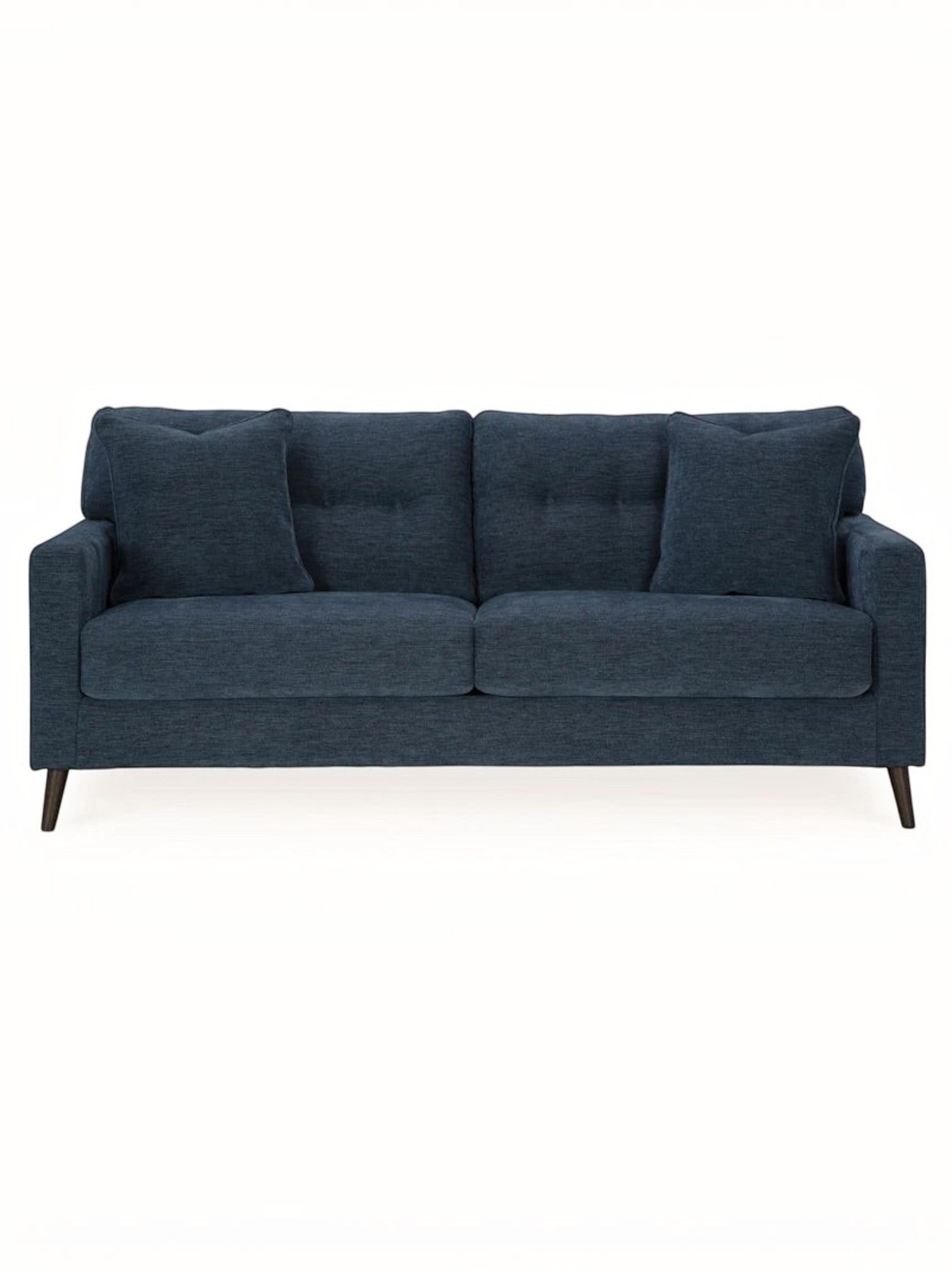 Sofa Bixo TOCO Meubles bleu marine deux places avec coussins assortis et pieds en bois foncés