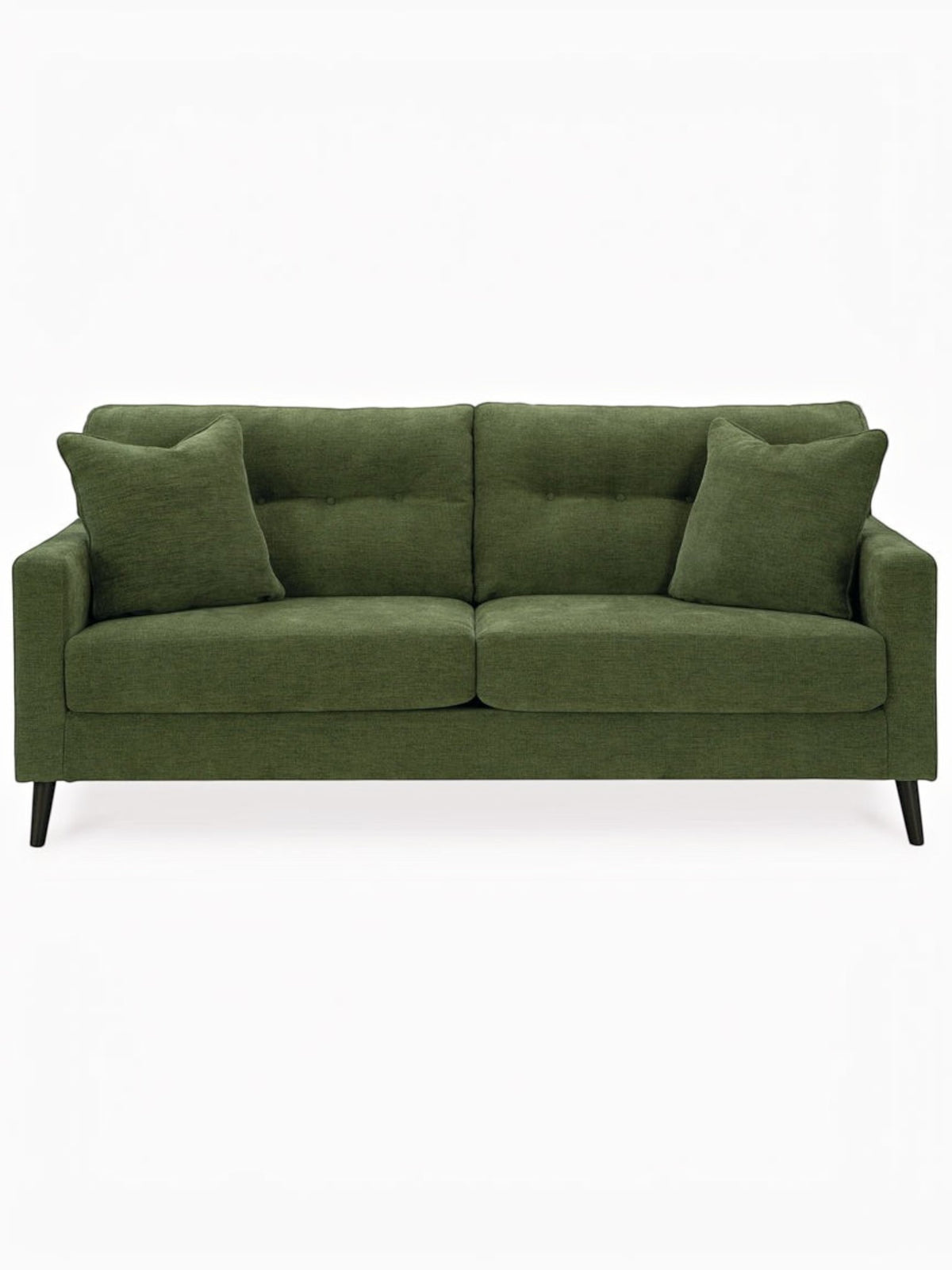 Sofa Bixo vert olive de TOCO Meubles avec coussins assortis et pieds noirs élégants