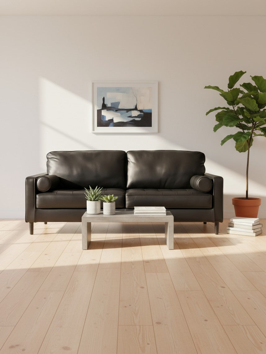 Sofa Bryce TOCO Meubles en cuir noir avec coussins cylindriques dans un salon moderne et lumineux