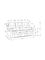 Schéma technique du sofa inclinable 3 places Béatrice de TOCO Meubles avec dimensions détaillées en pouces.