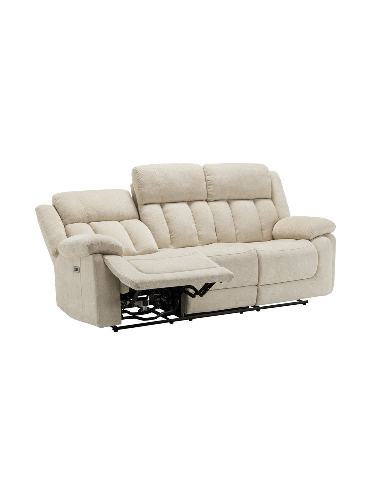 Sofa inclinable 3 places Ricardo de TOCO Meubles en tissu beige avec appuie-têtes et repose-pieds déployé