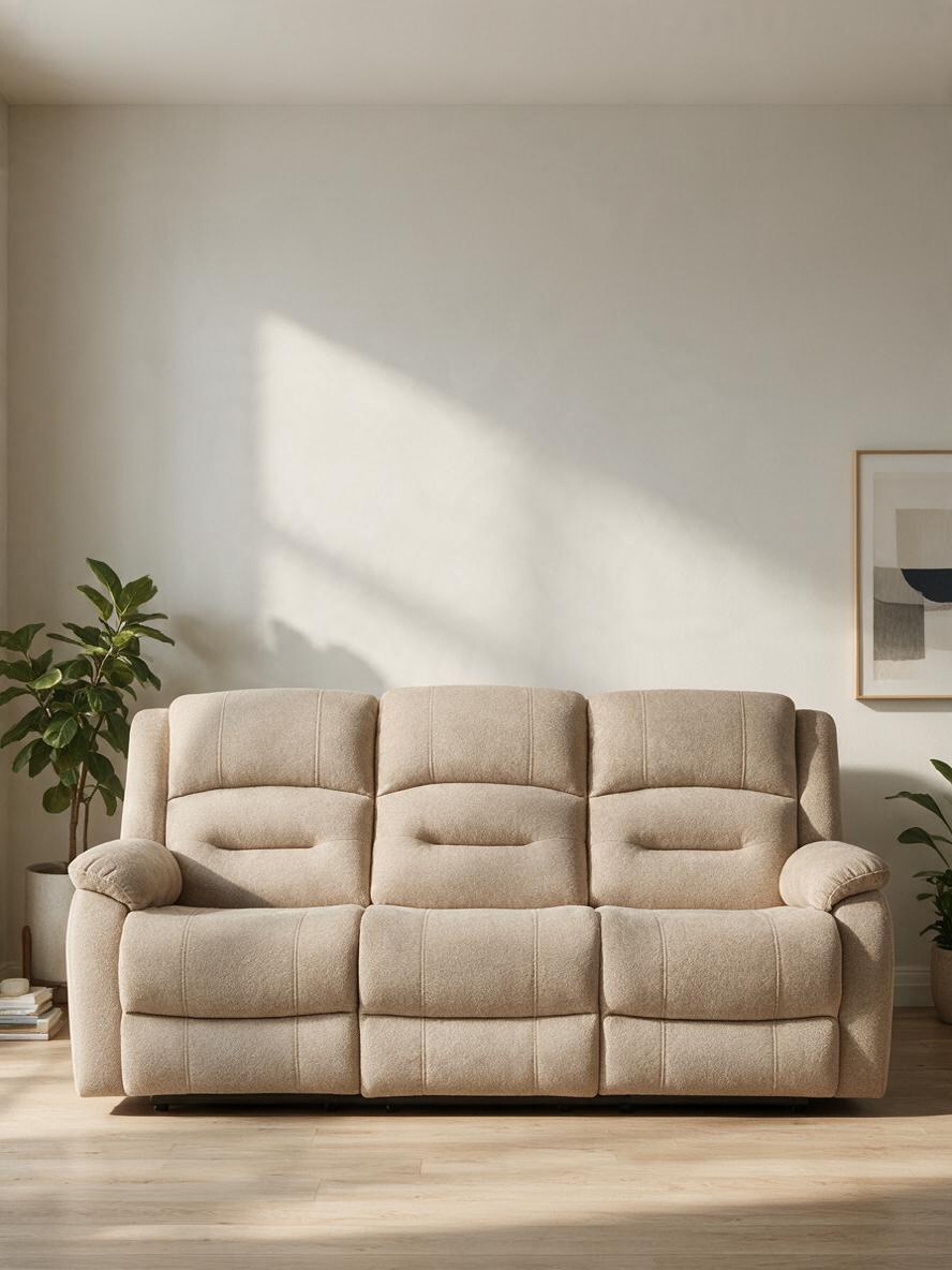 Sofa inclinable 3 places TOCO Meubles beige en tissu doux avec dossiers segmentés et accoudoirs rembourrés