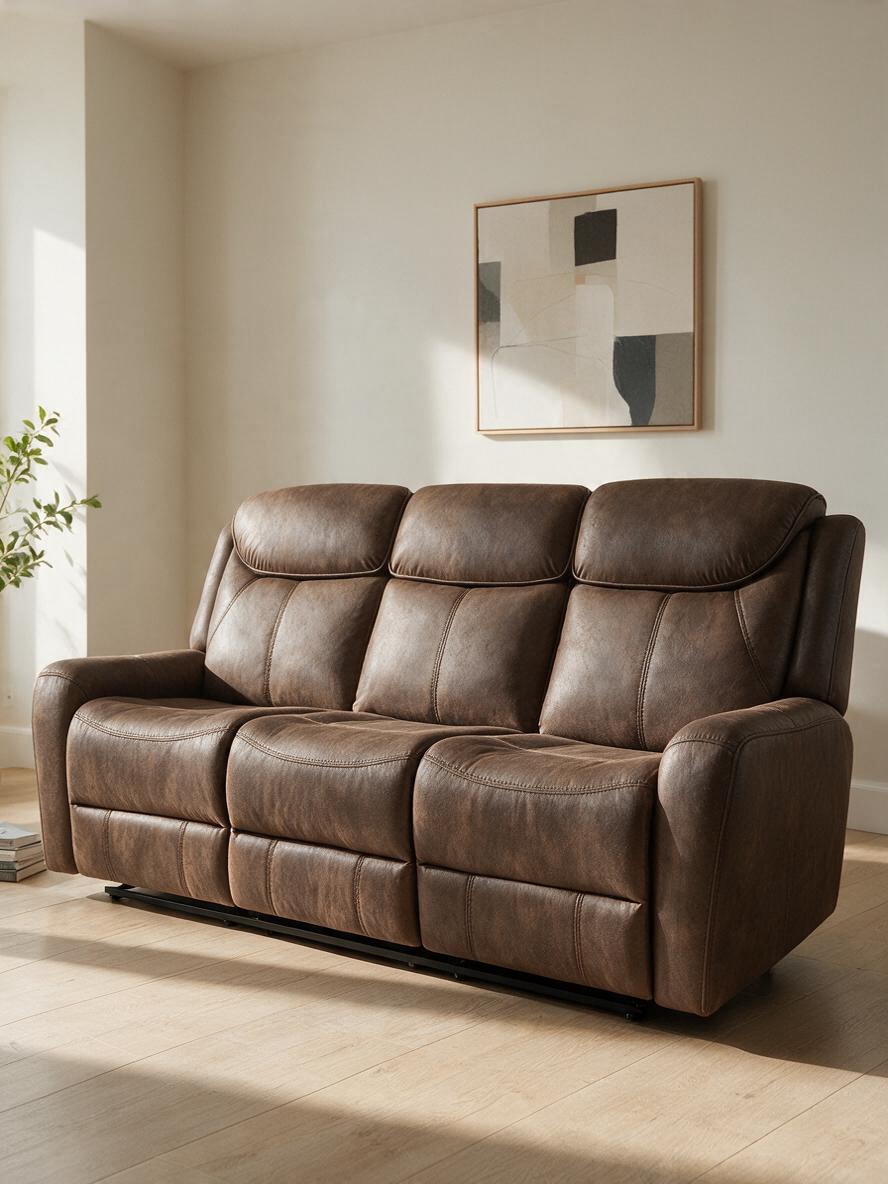 Sofa inclinable 3 places Jackson de TOCO Meubles en similicuir brun avec dossiers segmentés et assises profondes