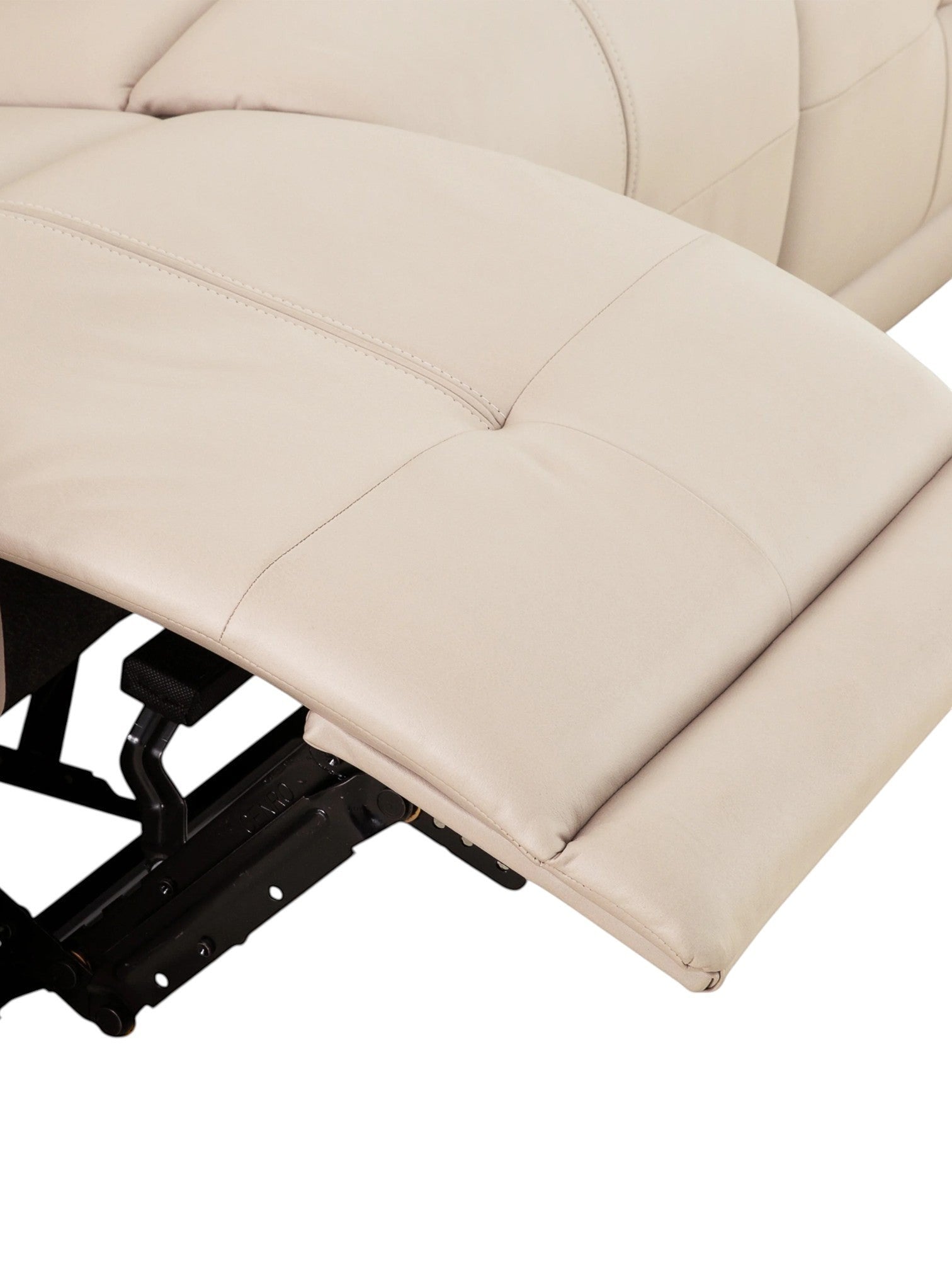 TOCO Meubles Sofa inclinable Charlie en cuir beige clair avec repose-pieds déployé et mécanisme visible.