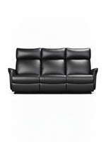 Sofa inclinable TOCO Meubles Eva en cuir noir avec trois places et appuie-têtes ergonomiques sur fond blanc.