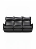 Sofa inclinable TOCO Meubles Eva en cuir noir avec trois places et appuie-têtes ergonomiques sur fond blanc.
