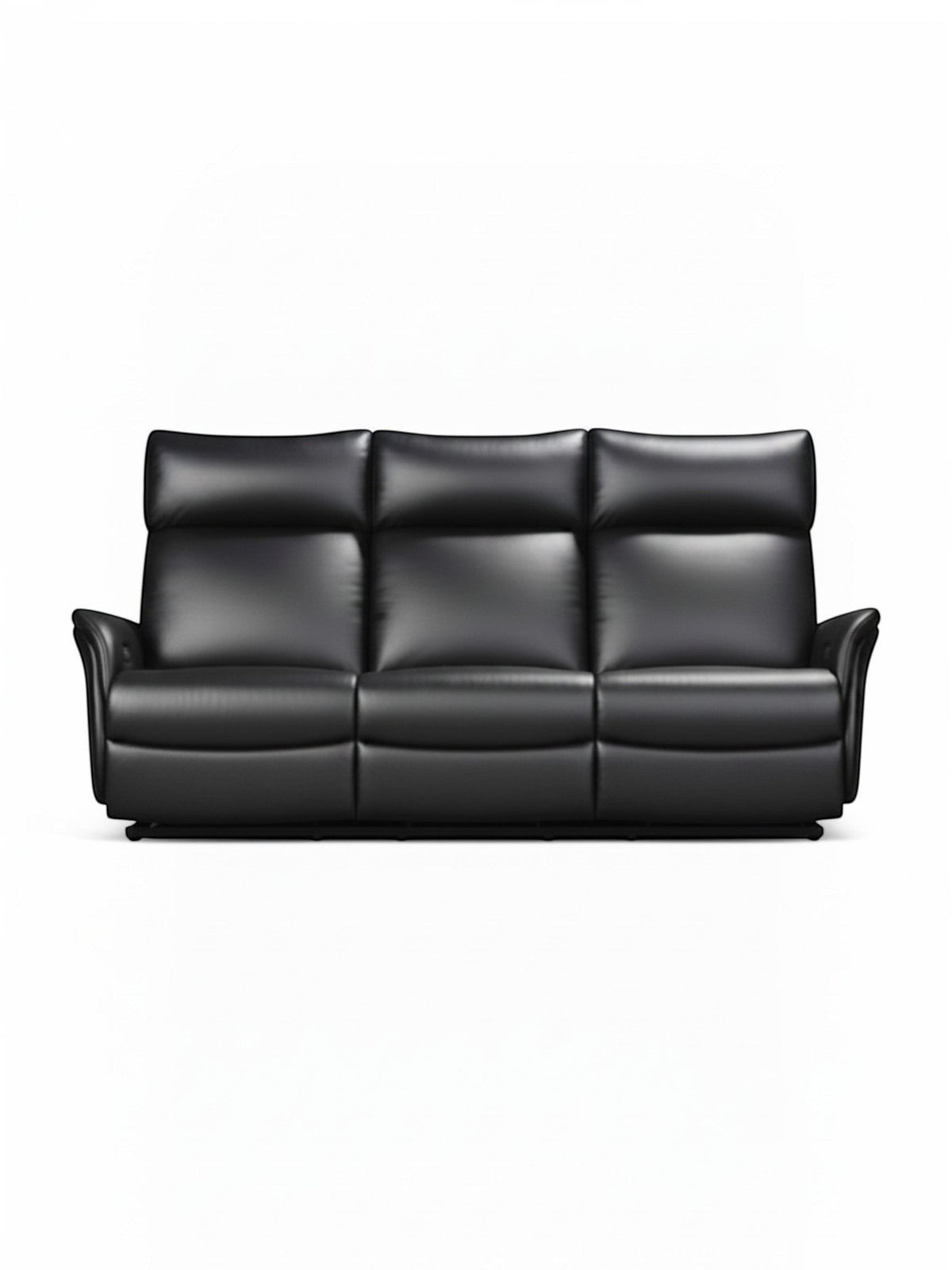 Sofa inclinable TOCO Meubles Eva en cuir noir avec trois places et appuie-têtes ergonomiques sur fond blanc.