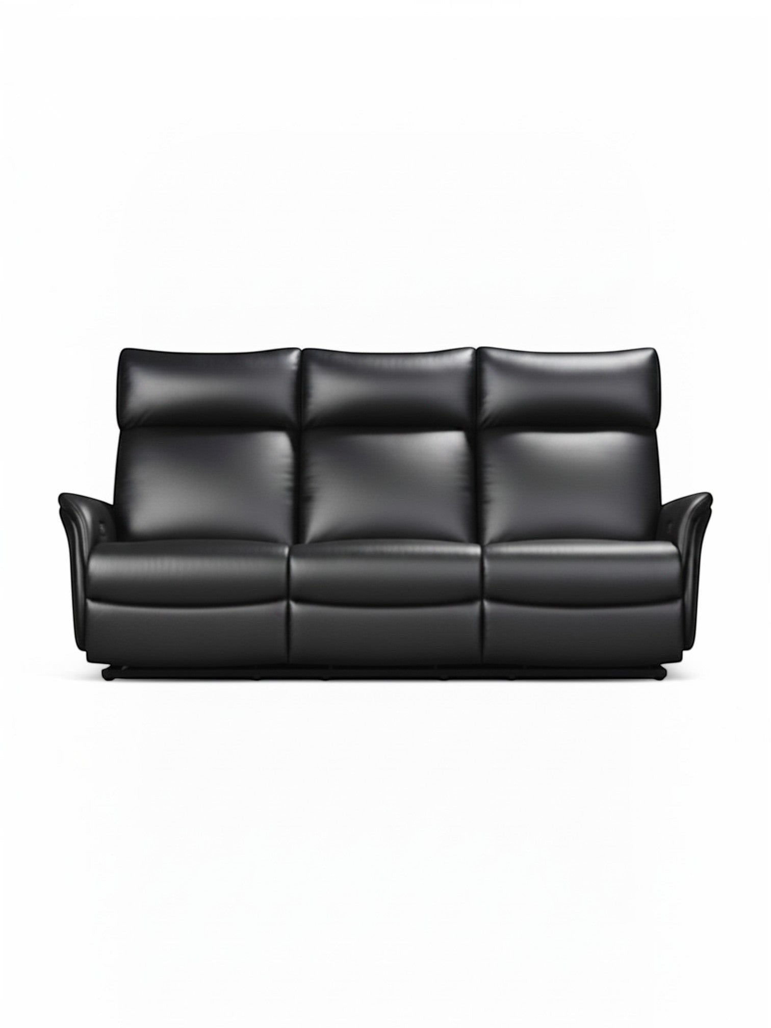 Sofa inclinable TOCO Meubles Eva en cuir noir avec trois places et appuie-têtes ergonomiques sur fond blanc.