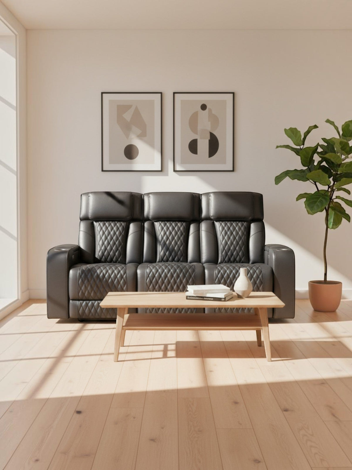 Sofa inclinable 3 places gris TOCO Meubles avec motif matelassé en losanges et porte-gobelets intégrés dans un salon moderne