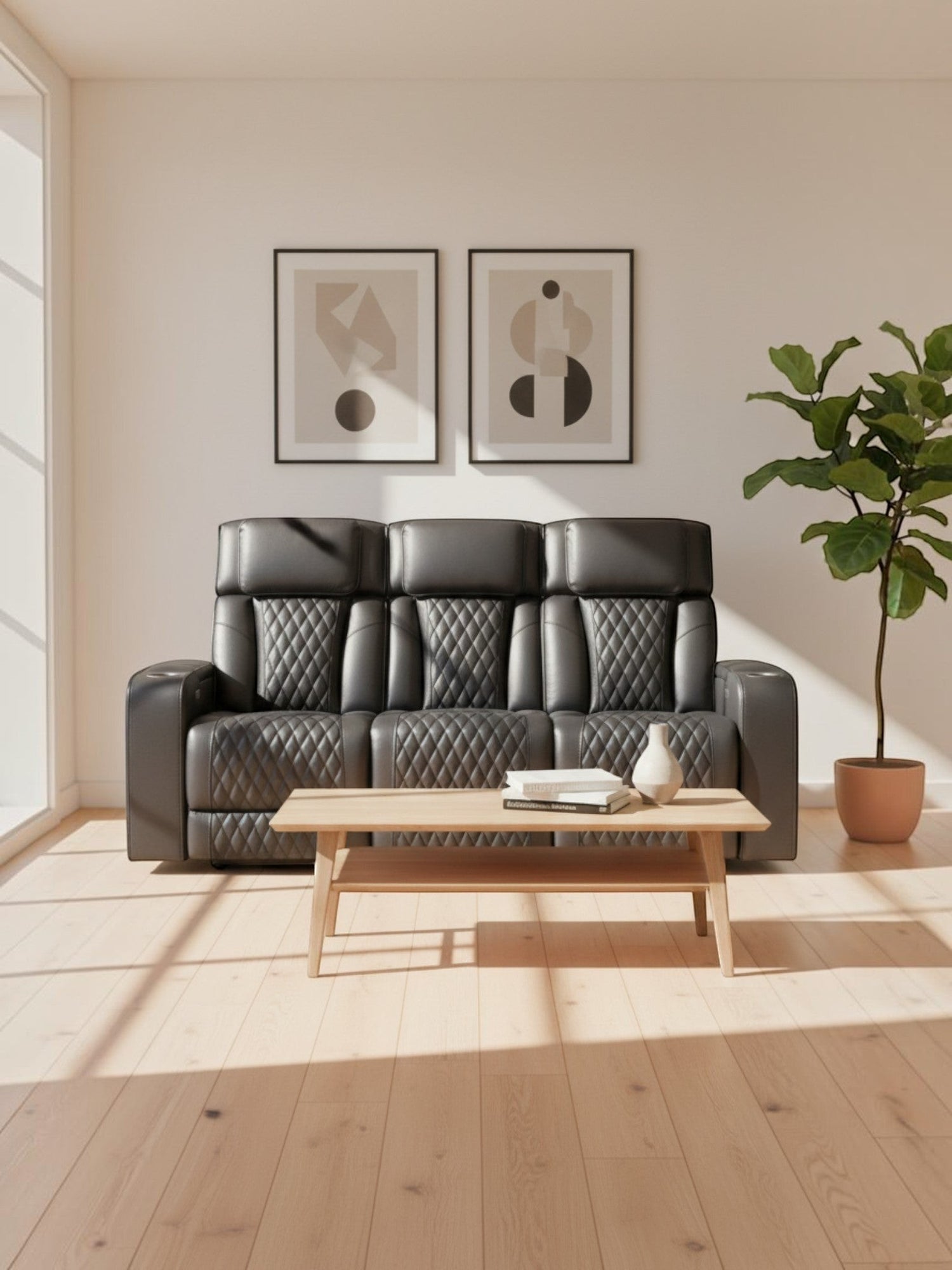 Sofa inclinable 3 places gris TOCO Meubles avec motif matelassé en losanges et porte-gobelets intégrés dans un salon moderne