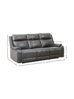 Sofa inclinable 3 places TOCO Meubles Lewis en cuir gris foncé avec ports USB et dimensions techniques affichées