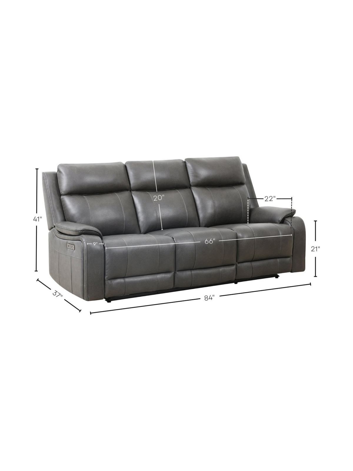 Sofa inclinable 3 places TOCO Meubles Lewis en cuir gris foncé avec ports USB et dimensions techniques affichées