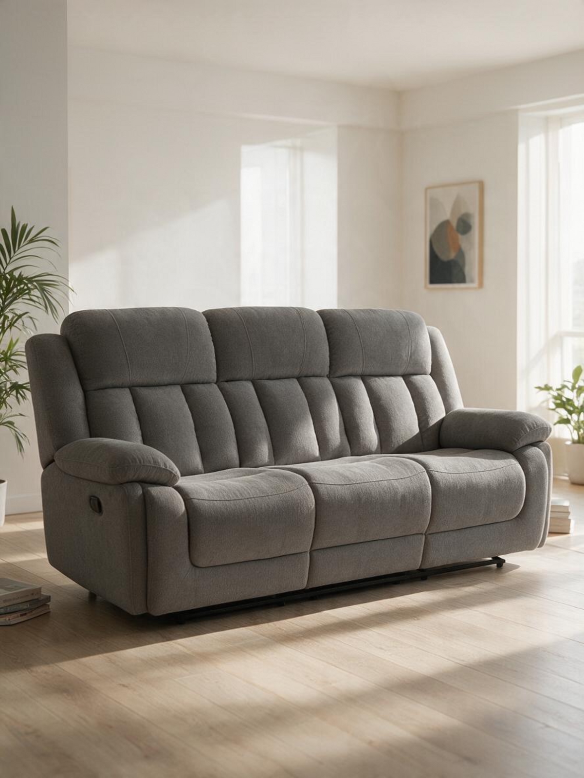 Sofa inclinable 3 places Ricardo de TOCO Meubles en tissu gris avec accoudoirs coussinés et dossier à surpiqûres