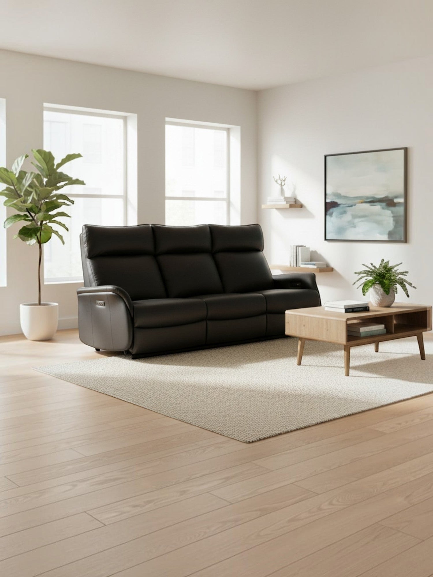 Sofa inclinable Eva de TOCO Meubles en cuir noir avec mécanisme électrique dans un salon moderne et lumineux