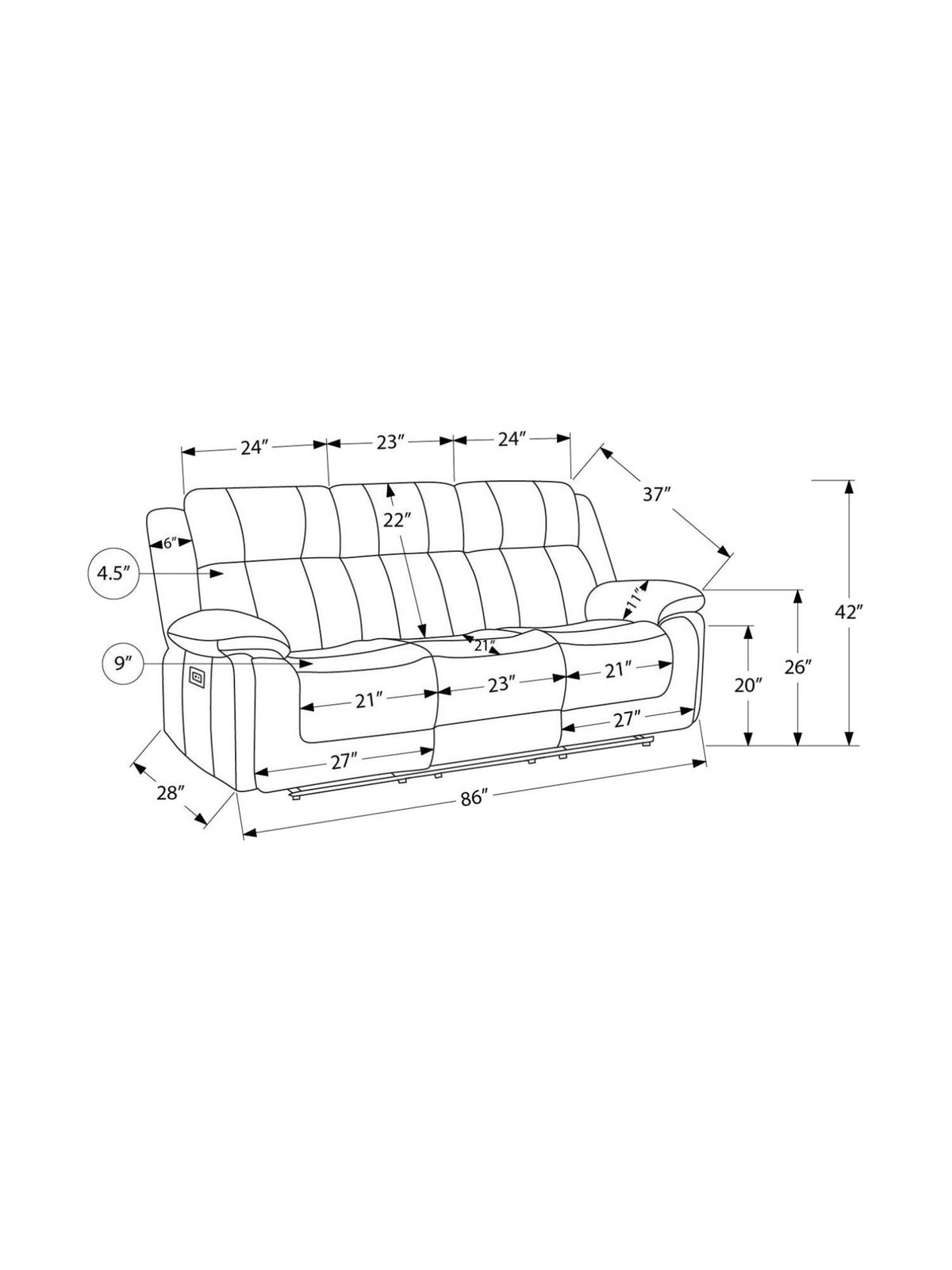Schéma technique des dimensions du sofa inclinable Ricardo de TOCO Meubles avec mesures détaillées en pouces