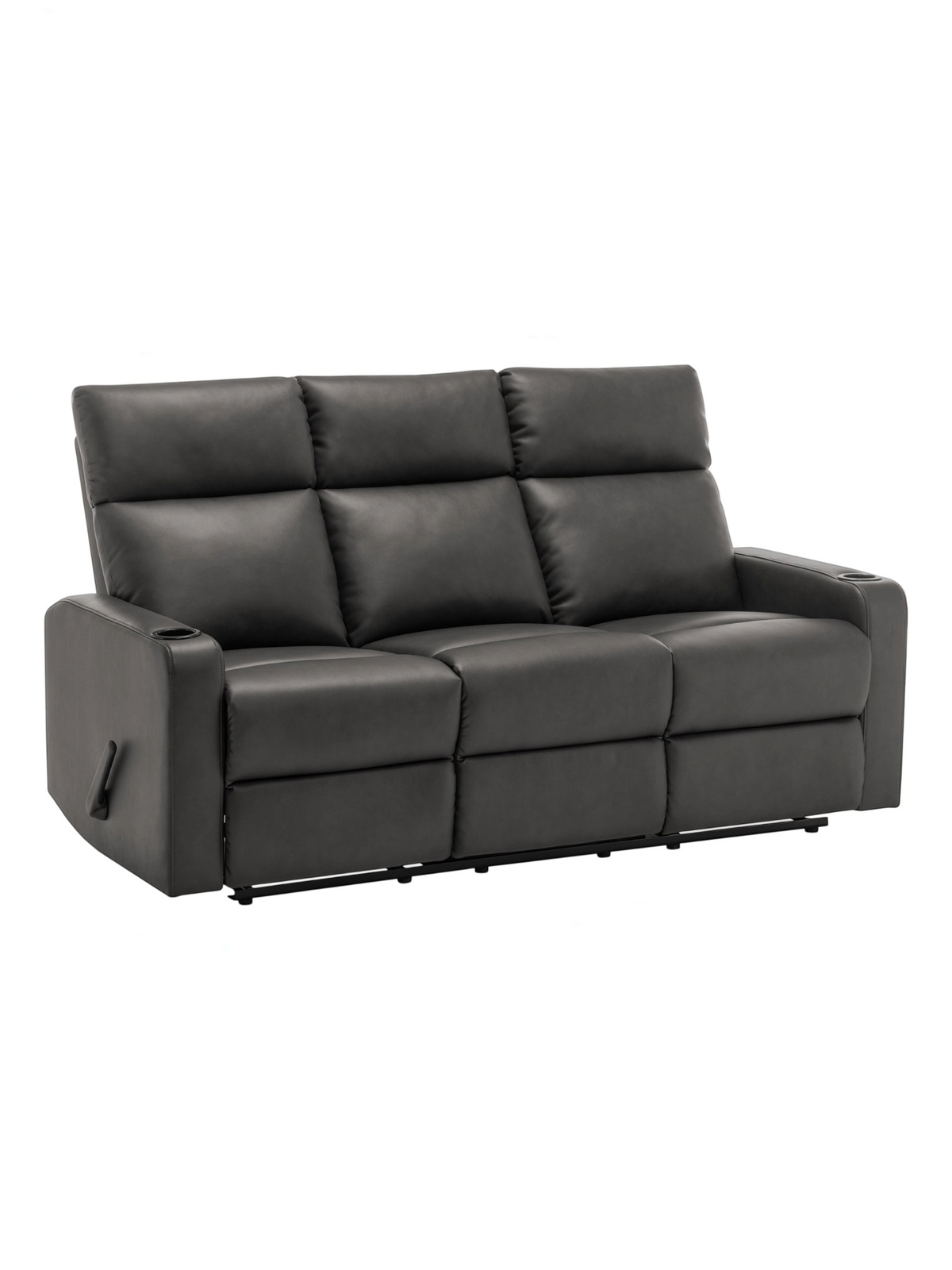 Sofa inclinable 3 places TOCO Meubles en similicuir gris foncé avec porte-gobelets et leviers d'inclinaison manuels