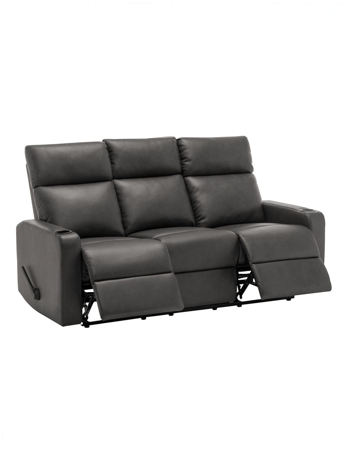 Sofa inclinable 3 places TOCO Meubles en similicuir gris avec porte-gobelets et dossiers confortables