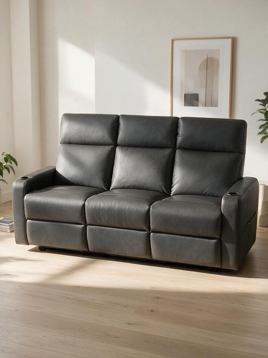 Sofa inclinable 3 places TOCO Meubles en similicuir gris foncé avec porte-gobelets intégrés et design contemporain