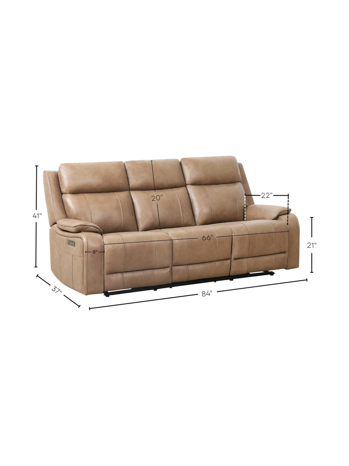 Sofa inclinable 3 places Lewis de TOCO Meubles en cuir taupe avec dossiers hauts et dimensions détaillées
