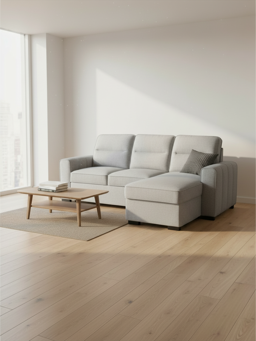 Sofa-lit convertible Amani par TOCO Meubles en tissu gris clair avec méridienne dans un salon lumineux et moderne