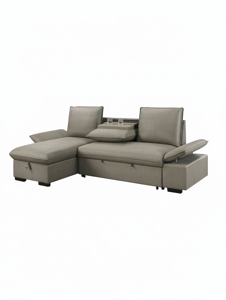 Sofa-lit d'angle Nia TOCO Meubles gris taupe avec méridienne, tablette centrale et porte-gobelets intégrés