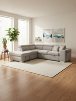 Sofa-lit d'angle convertible gris clair TOCO Meubles avec méridienne dans un salon moderne et lumineux