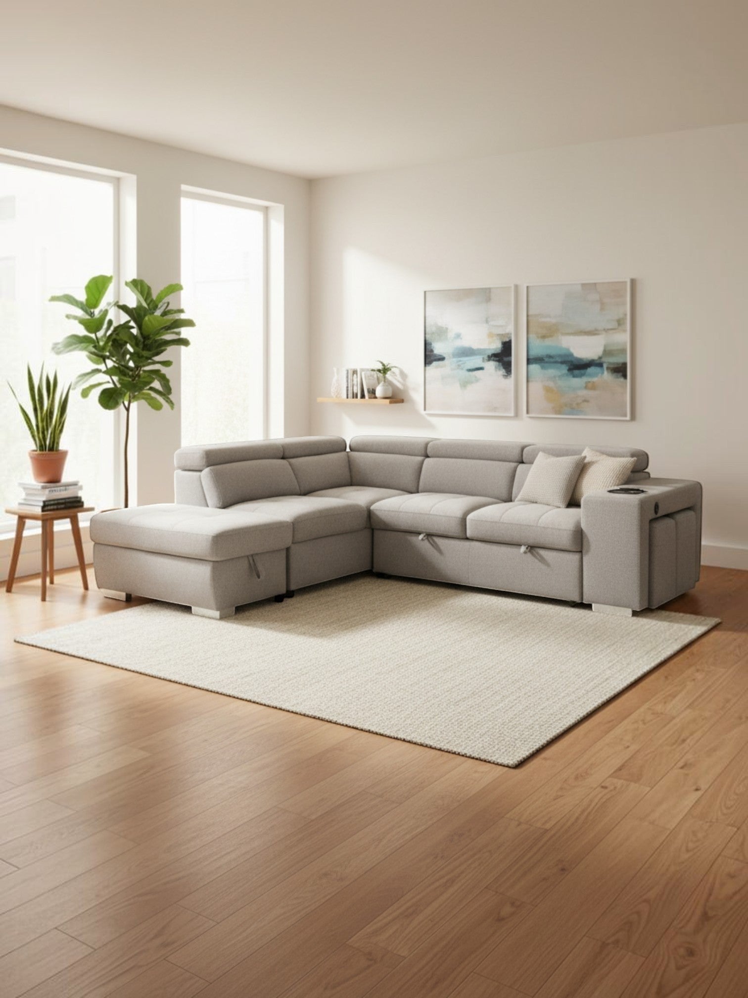 Sofa-lit d'angle convertible gris clair TOCO Meubles avec méridienne dans un salon moderne et lumineux