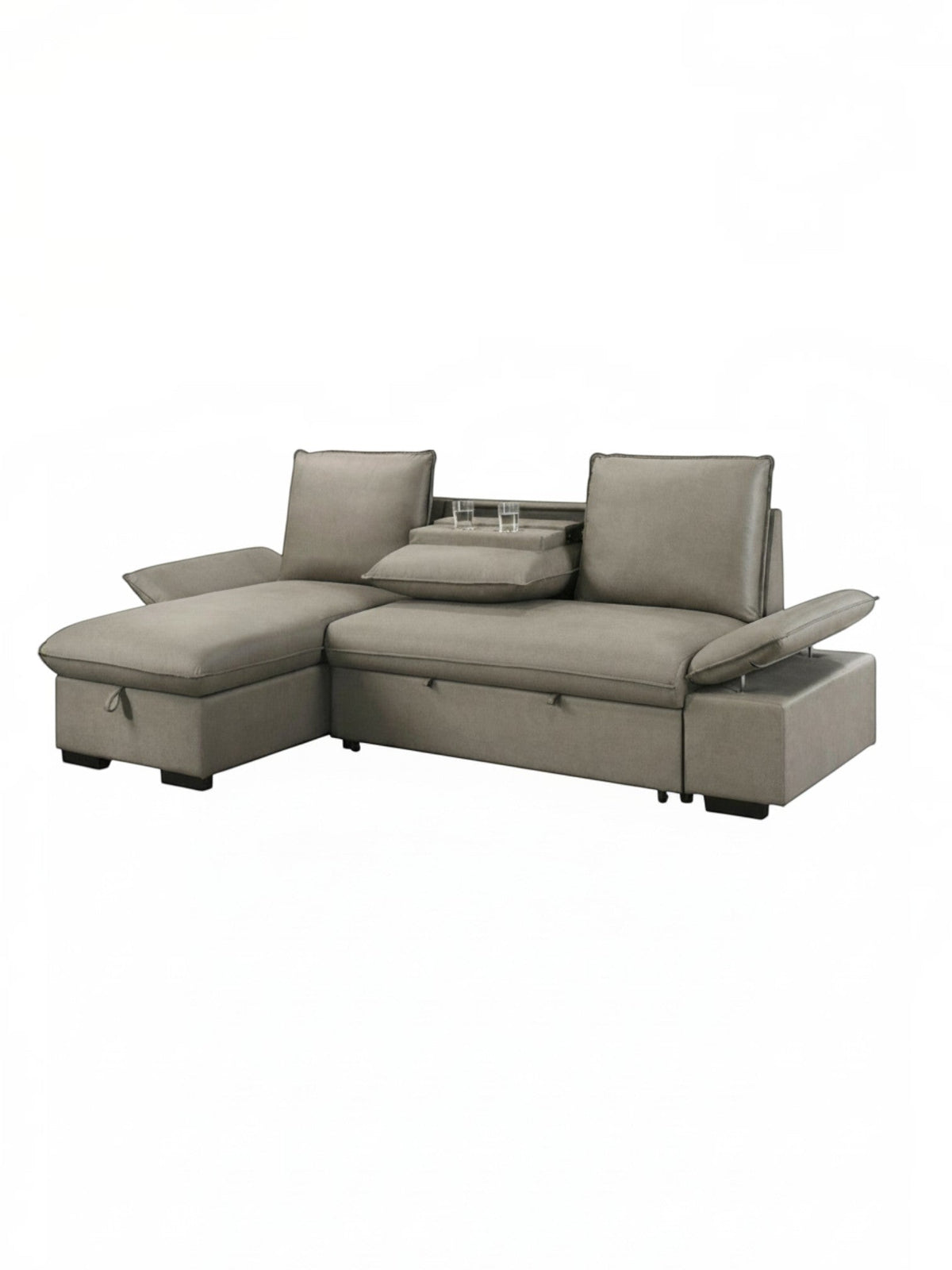 Sofa-lit d'angle Nia TOCO Meubles gris avec méridienne, appuie-têtes réglables et console centrale porte-gobelets