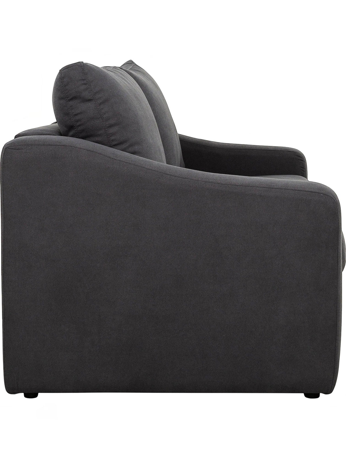 Vue latérale du sofa-lit convertible Ayana gris foncé de TOCO Meubles avec accoudoirs profilés et coussins confortables