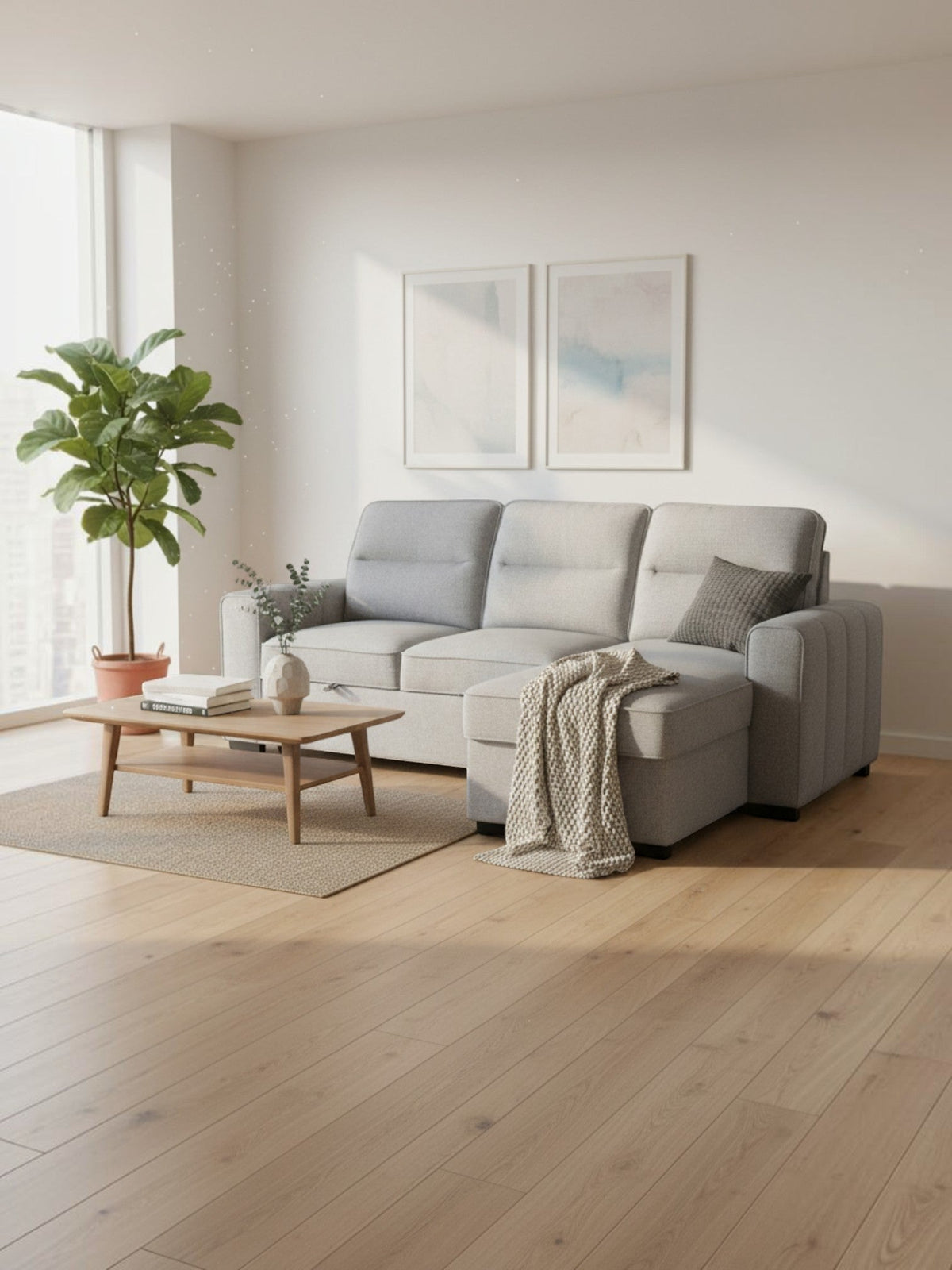 Sofa-lit convertible gris Amani de TOCO Meubles dans un salon lumineux avec table basse en bois et plante verte