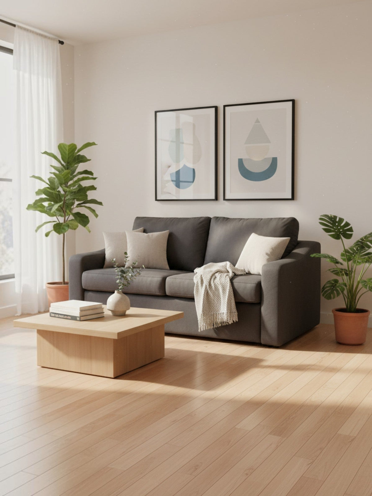 Sofa-lit Ayana de TOCO Meubles gris anthracite avec coussins et plaid dans un salon moderne et lumineux