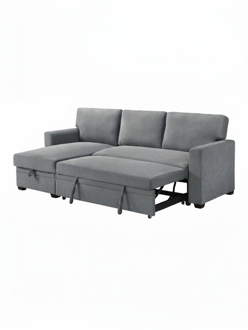 Sofa-lit Teni gris TOCO Meubles avec méridienne et mécanisme convertible déployé pour un confort optimal