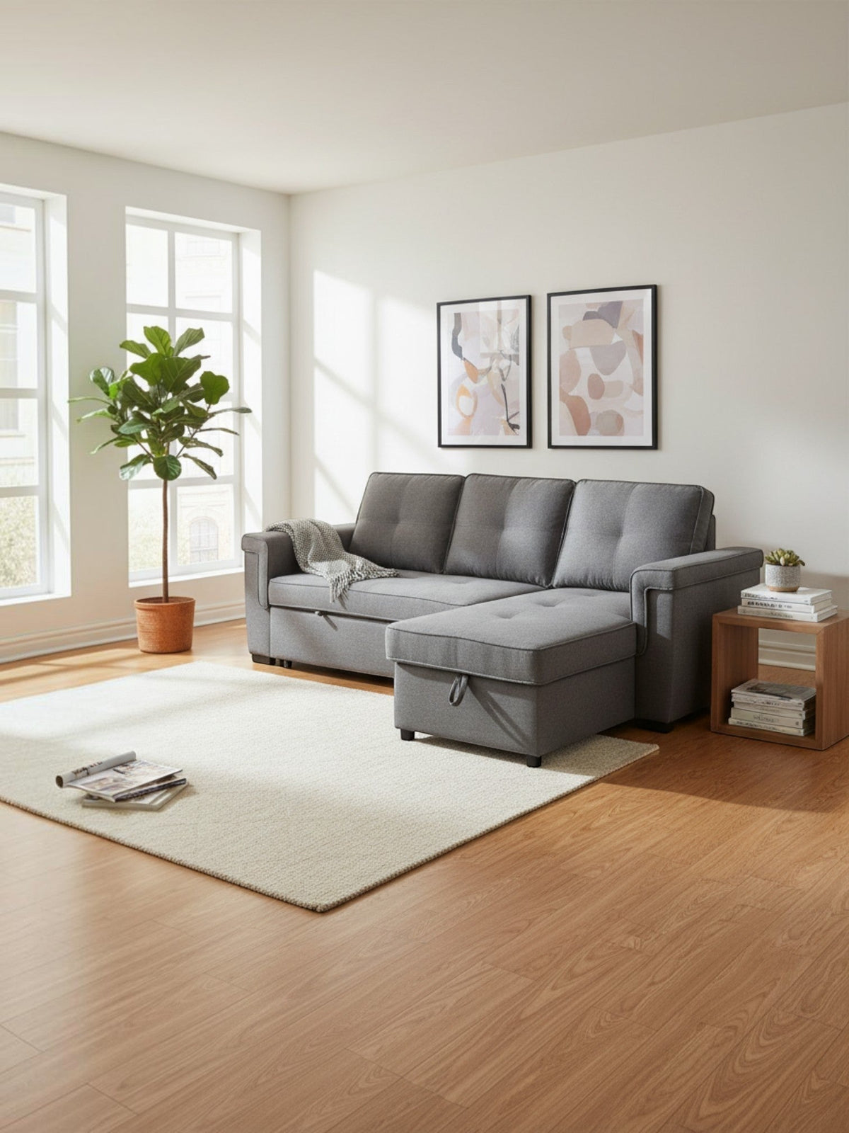 Sofa-lit gris TOCO Meubles avec méridienne coffre dans un salon contemporain lumineux