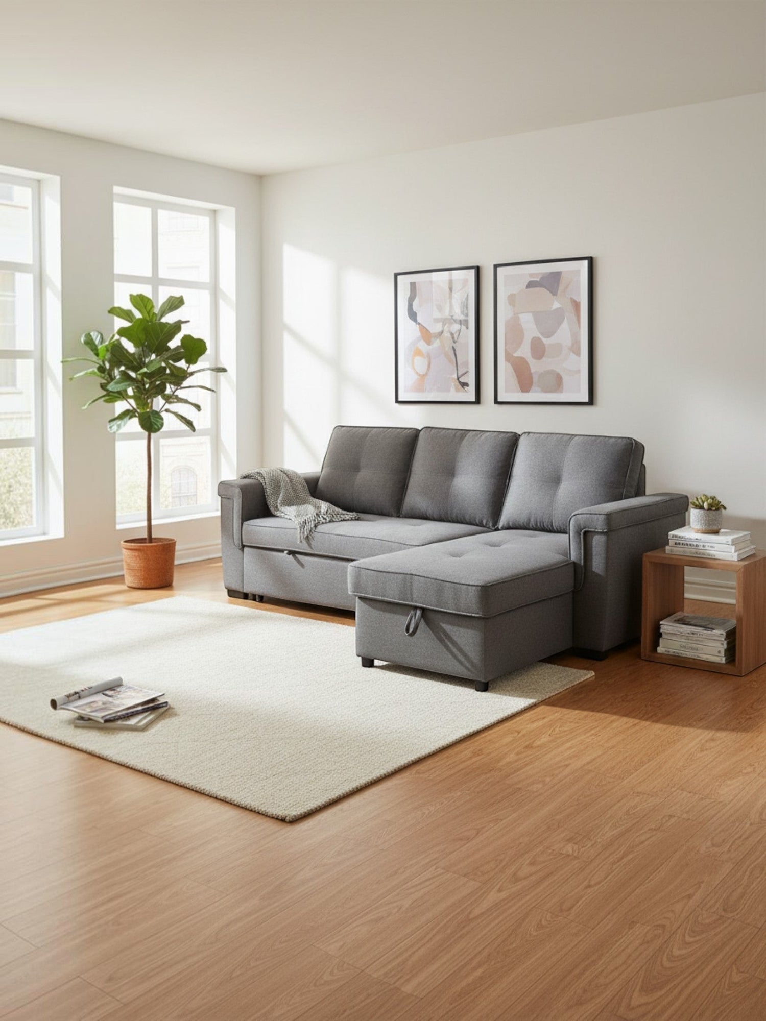 Sofa-lit gris TOCO Meubles avec méridienne coffre dans un salon contemporain lumineux